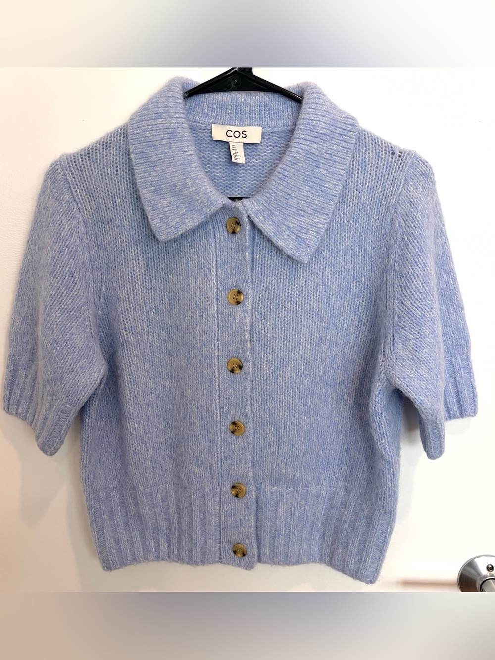 COS Alpaca Wool Blend Light Blue Short Sleeve Sweater Cardigan Women Size S - Picture 2 of 12